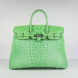 Hermes Birkin 35Cm Crocodile Head Stripe Handbags Green Silver